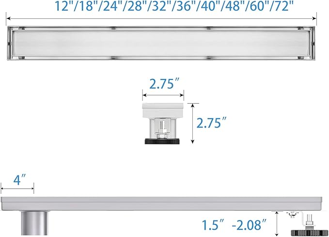 Offset Linear Shower Drain, Shower Drain 60 inch with 2-in-1 Tile Insert Cover, Brushed AISI 304 Stainless Steel Side Outlet Shower Floor Drain with Hair Catcher and Adjustable Feet