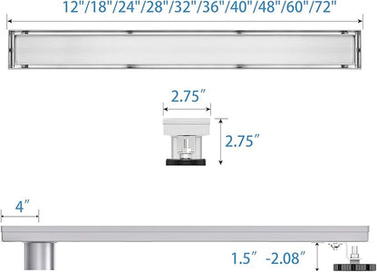 Offset Linear Shower Drain, Shower Drain 36 inch with 2-in-1 Tile Insert Cover, Brushed AISI 304 Stainless Steel Side Outlet Shower Floor Drain with Hair Catcher and Adjustable Feet