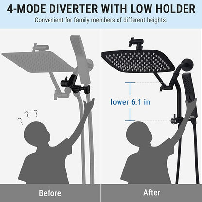 G-Promise All Metal 10 Inch Shower Head with Massage Mode Handheld, Rain Shower Head with Handheld Spray Combo, 3-Way Diverter with Pause Setting, 11 Inch Adjustable Extension Arm (Matte Black)