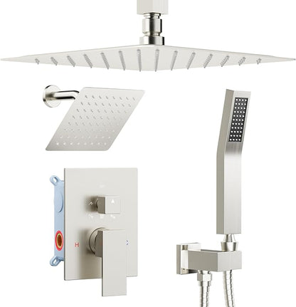Rain Shower System Brushed Nickel, STARBATH 12+6" Double Rain Shower Head and Handheld Spray for Two Person, Ceiling Mount 3 Way Shower Faucet Set with 5 Diverter Valve and Trim Kit Complete