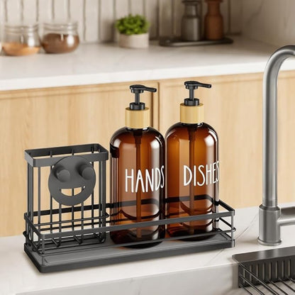 Moforoco Kitchen Dish Soap Dispenser Set, 16OZ Glass Bottle, Hand and Dish Soap Dispenser Set, Instant Dry Tray, Non-Slip Silicone Pad, Brush Holder with Sponge Holder, Kitchen Decor（Amber Bottle）
