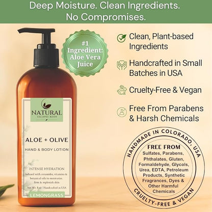 Moisturizing & Firming Lemongrass Body Lotion & Hand Cream - Natural Moisturizer for Dry Skin, Itchy or Crepey Skin - Eczema Treatment - Olive Oil, Coconut Oil & Avocado Oil - 8oz