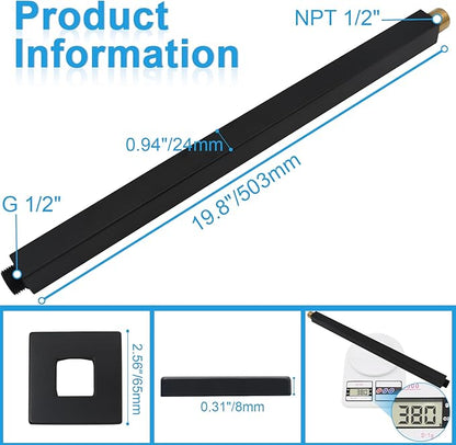 Ceiling Mount Shower Arm with Flange 20 Inches Square Straight Extender Extension Pipe Replacement, Long Shower Arm For Fixed Rain Shower Head or High Ceiling,Matte Black