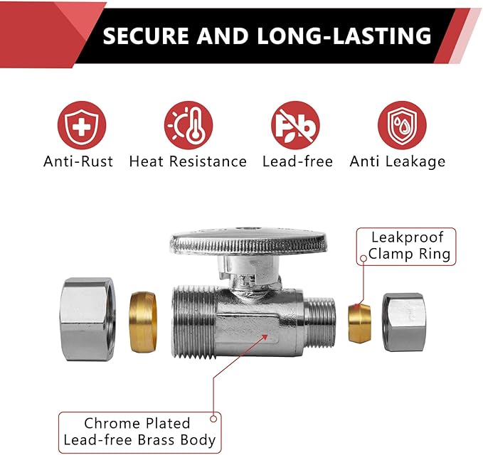 20-Pack EFIELD Straight Stop Valve 1/2" Nominal (5/8" OD) Compression x 3/8" OD, 1/4-Turn, Chrome Plated Brass,(VALVE122-20PCS)