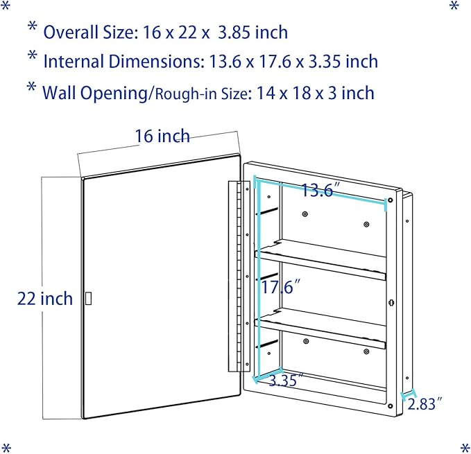 Plastic Bathroom Medicine Cabinet with Framed Mirror 16 x 22 inch, Surface and Recessed Mount