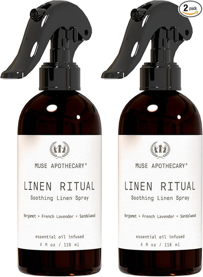 Muse Apothecary Linen Ritual - Aromatic, Soothing, and Relaxing Linen Mist, Laundry and Fabric Spray - Infused with Aromatherapy Essential Oils - 4 oz, Bergamot + French Lavender + Sandalwood, 2 Pack