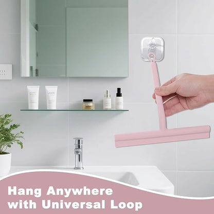 Squeegee for Shower Glass Doors, Resilient Loop - No-Drill & Adhesive Hook, Silicone Shower Squeegee with Stainless Steel Core, Cleaning Tool for Home, Kitchen, Bathroom & Car - Pink
