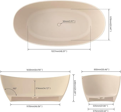 SJ STAR&JANE 65" Solid Surface Freestanding Bathtub Stone Resin Soaking Tub Milk Coffee Double Slippers Stand Alone Oval Tub with Pop-up Drain and Overflow for Bathroom
