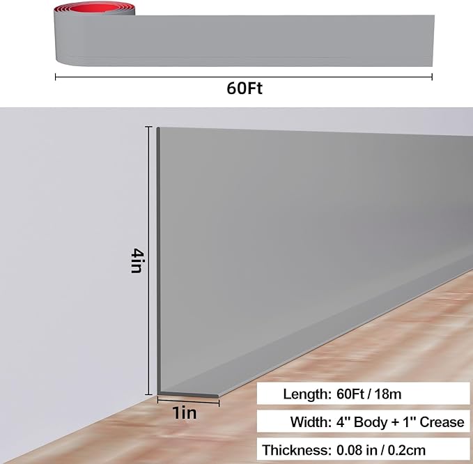 Duzzy Flexible Baseboard Molding Trim, 5 Inch(W) x 60 Feet(L) Peel and Stick Rubber Wall Trim Molding, Self-Adhesive Vinyl Wall Base Cove Base (Grey)