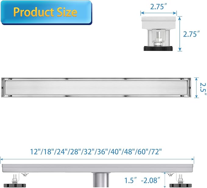 Linear Shower Drain, 28 inch Drain with Tile Insert 2-in-1 Panel, Brushed 304 Stainless Steel Shower Floor Drain, Linear Drain with Hair Strainer and Adjustable Feet