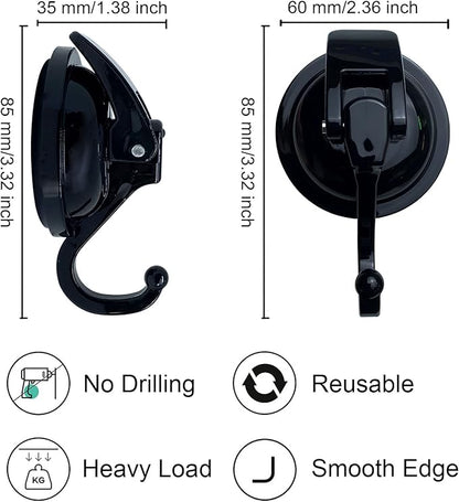 Heavy Duty Vacuum Shower Hooks - Glass Suction Cup Hooks, Reusable, No Hole Punched, for Bathroom Robe and Garland Decoration (Black, 2 Pack)