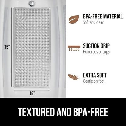 GORILLA GRIP Patented Bath Tub Shower Mat, Machine Washable Bathtub Floor Liner Mats, Suction Cups and Drain Holes to Keep Tubs Clean, Soft on Feet, Bathroom Essentials, 35x16 Inch, Clear Gray