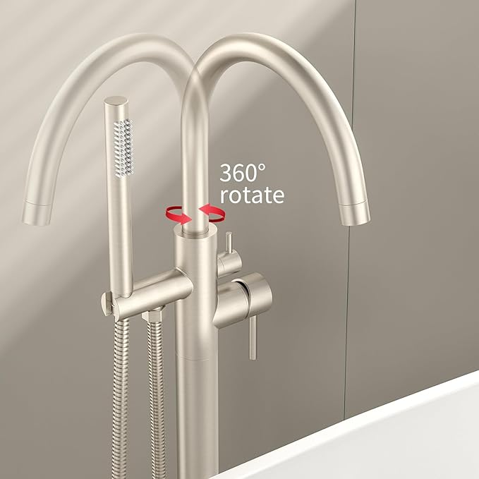 Freestanding Bathtub Faucet Waterfall Tub Filler Brushed Nickel Floor Mount Brass Single Handle Bathroom Faucets with Hand Shower (Electroplating color, The bottom of the water)