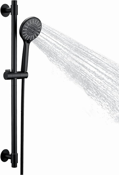 Adjustable Shower Slide Bar with 5-Function Handheld Shower Head, Stainless Steel Drill-free Mounted Slide Bar Combo with Extra Hose (Matte Black)