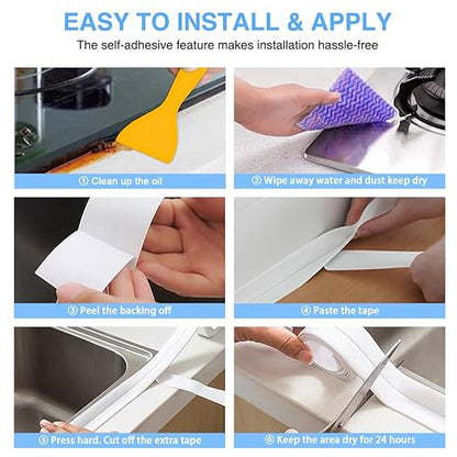 2 Rolls Caulk Tape Self Adhesive, Bathroom Waterproof White Caulking Sealant Strip Peel & Stick Wallpaper Floor Tile Toilet Tub Sink Backsplash Kitchen Wall Decor, Easier to Use Than Silicone Caulk
