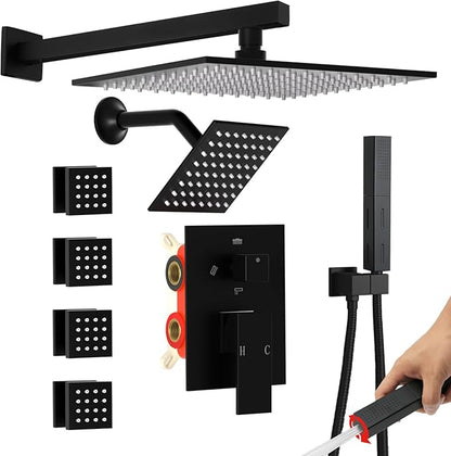 Enga Dual Shower Head Shower System with Body Jets, Wall Mount 10+6" Dual Rain Shower Head with 2 in 1 Handheld Spray for Two People, Shower Faucet Set with Valve Kit, Matte Black