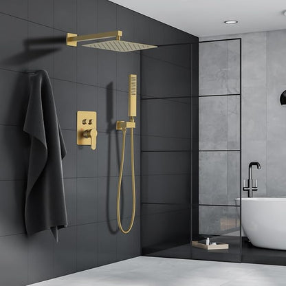 Brushed Gold Shower System, STARBATH 12 inch Rainfall Shower Head with Handheld Combo Set, Push Button Diverter 2 Functions Simultaneous Use, Bathroom Shower Faucet Set Rough in Valve Body and Trim