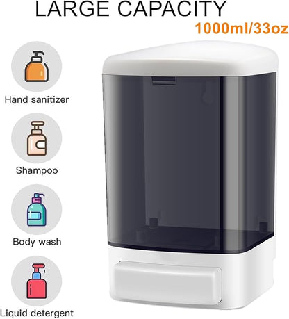Soap Dispenser Wall Mount 1000ml (33.8oz)–Commercial Heavy-Duty Plastic Liquid Dispenser for Soap,Shampoo,Hand Sanitizer–Manual Pump for Bathroom, Kitchen,Restaurant,Hotel (4 pack-1000ml)