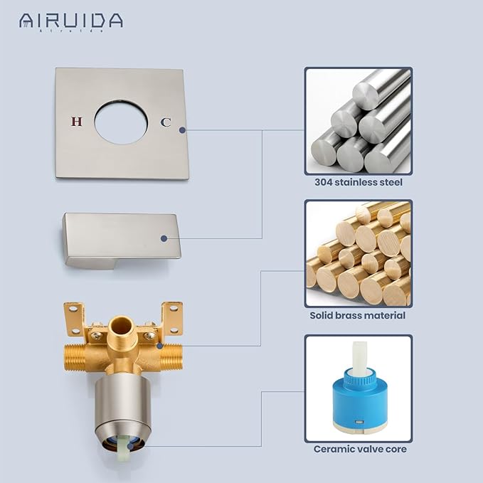Airuida Square Single-Function Brass Faucet Shower Rough-in Valve Male Thread Bathroom Trim Kit Single Handle Tub Shower Valve 4.3 Inch Cover Plate Brushed Nickel