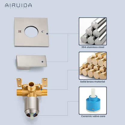 Airuida Square Single-Function Brass Faucet Shower Rough-in Valve Male Thread Bathroom Trim Kit Single Handle Tub Shower Valve 4.3 Inch Cover Plate Brushed Nickel