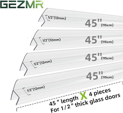 4-Pack Frameless Shower Door Side Seal Strip Shower Door Bottom Sweep Seal for 1/2 Inch Thick Glass, Vertical H-Type Glass Door Seal Stop Leaks. (4-Pack x 45" Length)