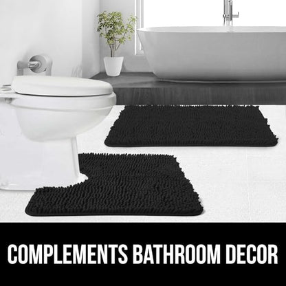 GORILLA GRIP Plush Absorbent Shaggy Chenille Bath Rug Mat for Oval Toilet Base with Rubber Backing, Machine Washable Rugs, Soft Microfiber Contour Mats for Toilets, Bathroom Decor, Black