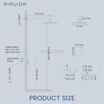 Airuida Shower Faucet Set Bathroom Rain Shower System SUS304 Stainless Steel Single Handle With Male Threads Rough-in Valve Shower Trim Kit 10 Inch Wall Mount Shower Head Matte Black