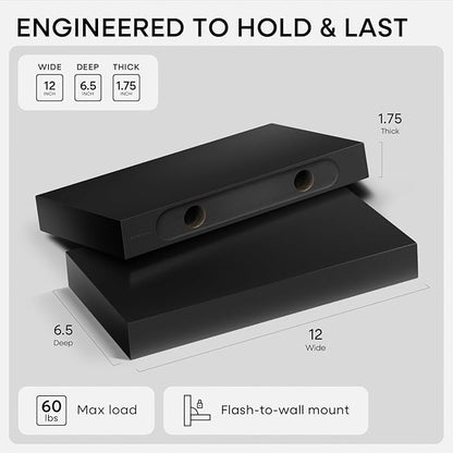 Homeforia Floating Shelf Black 12 inch, High End Solid Real Wood Small 12inch Floating Shelves for Wall Mounted, Black Wooden 12 in Floating Shelves, Heavy Duty Bracket, 12 X 6.5 X 1.75 inch, Set of 2