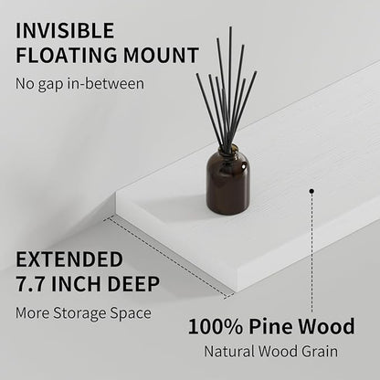 SAUMONIERES Floating Shelves 8 Inch Deep Solid Wood Wide Wall Shelf Set of 2 Wall Mounted for Bedroom Bathroom Living Room Kitchen, 24 Inch White