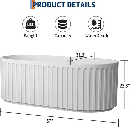 67-in Freestanding Bathtub - Acrylic Soaking Tub with Overflow Drain - CUPC Certified Thickened Design Glossy White for Bathroom