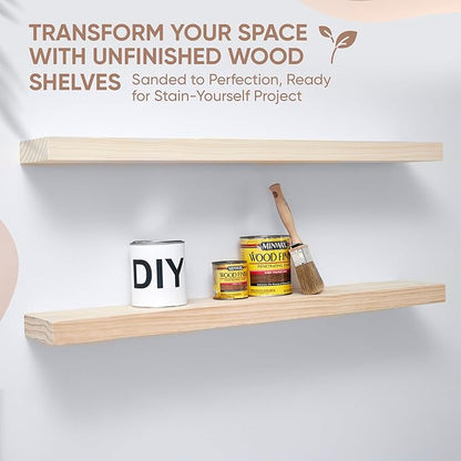 Homeforia Wood 48 inch Floating Shelf, High End Solid Natural Wood 48inch Floating Shelves for Wall Mounted, Unfinished Wooden Large Floating Shelves, Heavy Duty Bracket, 48 X 6.5 X 1.75 in, Set of 3