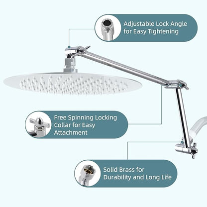 iFealClear All Metal 16" Shower Head Extension Arm, Solid Brass Shower Head Extender Adjustable Height Angle, G1/2 Universal Connection Stainless Steel Pipe with Lock Joint for Rain Showerhead, Chrome