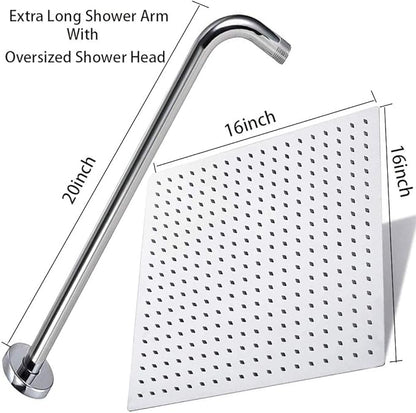 NearMoon Square Rain Shower Head With Extension Arm, Large Stainless Steel Rainfall Shower-Waterfall Full Body Coverage (16 Inch, Chrome)