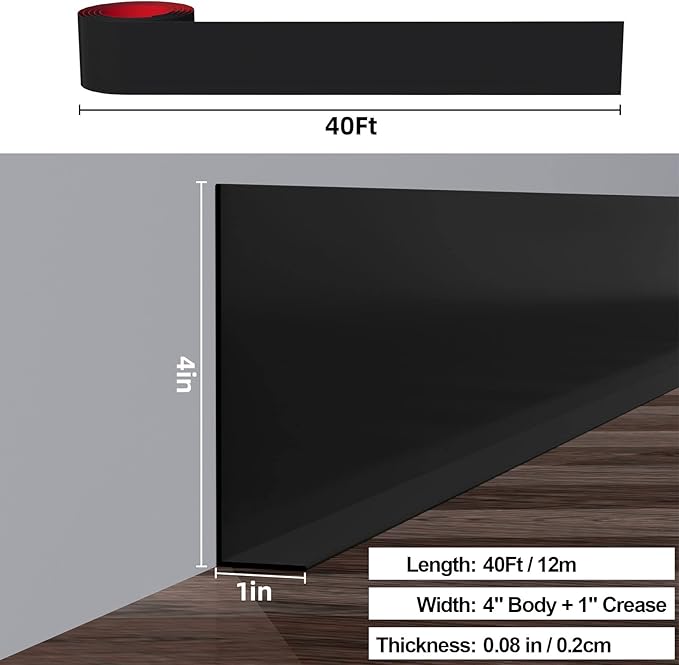 Duzzy Flexible Baseboard Molding Trim, 5 Inch(W) x 40 Feet(L) Peel and Stick Rubber Wall Trim Molding, Self-Adhesive Vinyl Wall Base Cove Base