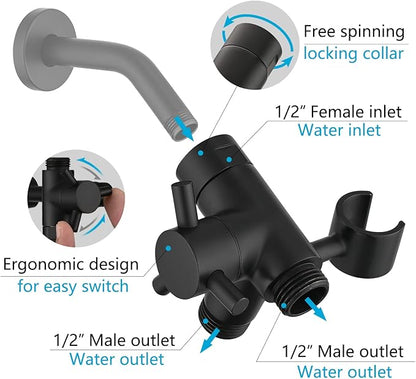 PDPBath Solid Brass 3 Way Shower Arm Diverter Valve with Handheld Holder for Dual Shower Heads with G1/2 Universal Connection - Matte Black