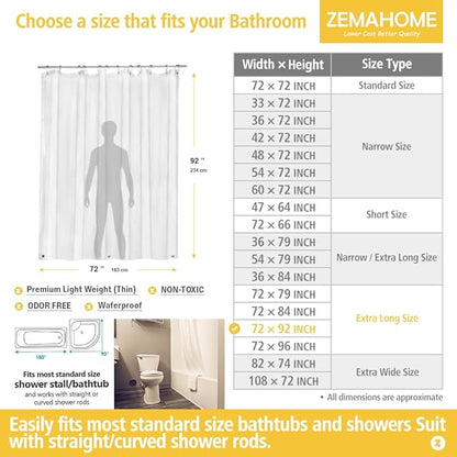 Extra Long Clear Plastic Shower Curtain Liner - Lightweight 72" x 92" Transparent Bathroom Shower Showroom Curtain Liner with Rustproof Metal Gromments and Weighted Magnet