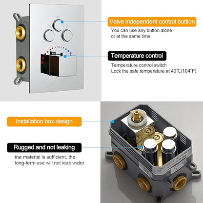 3-Function Brass Shower Diverter Thermostatic Valve Pressure Balanced Mixer with Trim in Polished Chrome,Can Use All Function At a Time