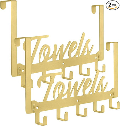 2 Pack Over The Door Hooks, Towel Rack for Bathroom Towel Holder for Hanging Heavy Duty, Wall Mount Towel Hanger with 10 Hooks for Bedroom Bathroom Kitchen Towels, Bag, Coats(Gold)