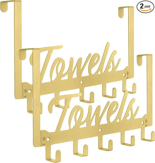 2 Pack Over The Door Hooks, Towel Rack for Bathroom Towel Holder for Hanging Heavy Duty, Wall Mount Towel Hanger with 10 Hooks for Bedroom Bathroom Kitchen Towels, Bag, Coats(Gold)