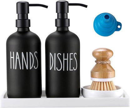 Glass Soap Dispenser for Kitchen,Farmhouse Dish &Hand Soap Dispenser Set, Rustproof Pump with Tray and Dish Brush,Kitchen Decor（Black）