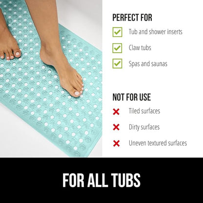 GORILLA GRIP Patented Bath Tub Shower Mat, Machine Washable Bathtub Floor Liner Mats, Suction Cups and Drain Holes to Keep Tubs Clean, Soft on Feet, Bathroom Essentials, 35x16 Inch, Clear Green