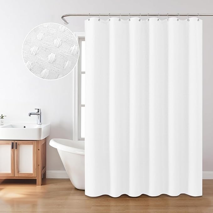 Inhousolu Fabric Shower Curtain Waffle Weave, 230 GSM Heavy Duty, Weighted Hem, 8 Metal Hooks, Water Repellent, Machine Washable, Hotel Spa Luxury Bath Curtain Set, 36 x 72 Inch, White