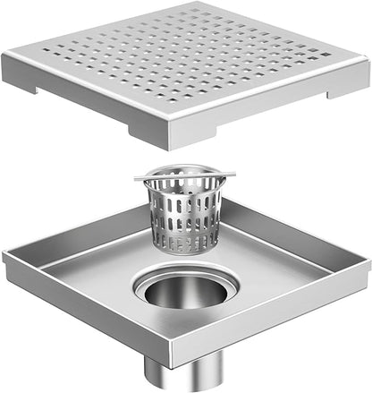 Neodrain 6-Inch Square Shower Drain with Removable Quadrato Pattern Grate, Brushed 304 Stainless Steel, with Watermark&CUPC Certified,Black