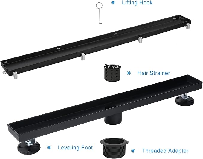 Linear Shower Drain, 36 inch Black Drain with Tile Insert 2-in-1 Panel, Brushed 304 Stainless Steel Shower Floor Drain, Linear Drain with Hair Strainer and Adjustable Feet