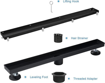 Linear Shower Drain, 36 inch Black Drain with Tile Insert 2-in-1 Panel, Brushed 304 Stainless Steel Shower Floor Drain, Linear Drain with Hair Strainer and Adjustable Feet