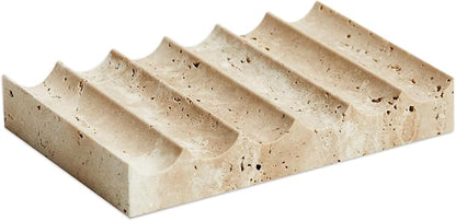 Luxury Travertine Soap Dish Marble Jewelry Ring Tray - Rectangle Marble Soap Tray & - Self Draining Soap Holder for Bathroom, Kitchen, Beige Travertine
