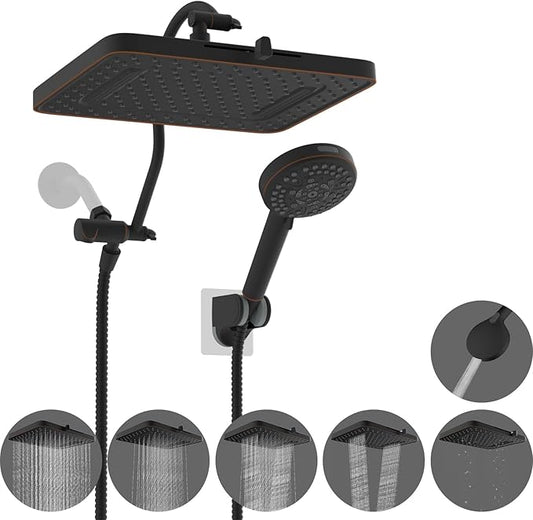 Hibbent cUPC Certified High Pressure 13'' Dual Shower Head Combo with 10-mode Handheld Spray, Rainfall 5-spray Shower Head, 12'' Adjustable Extension Arm, 71'' Hose, Shower Holder, Oil Rubbed Bronze