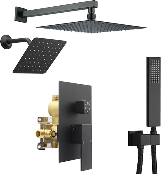 12" Shower Faucet Set Rain Shower System with 6" Wall Mounted Head Full Body Luxury Rain Shower System Rainfall Shower Head with Handheld Combo,3 Way Pressure Balance Valve Kit,Matte Black