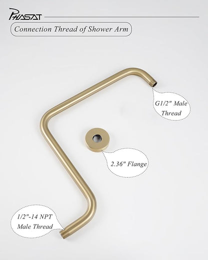 PHASAT S Shaped Shower Arm, High Rise Shower Arm with Flange, Brushed Gold