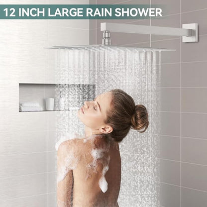 Rain Shower System Brushed Nickel, Starbath 12“ Rainfall Shower Head with Handheld Spray Complete Wall Mounted Rainfall Shower Faucet Set,2 Way Pressure Balance Shower Valve and Trim Kit Included